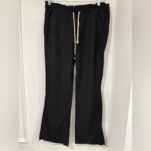 ROXY Black Linen Drawstring Flared Leg Casual Pants Sz M - Picture 1 of 5